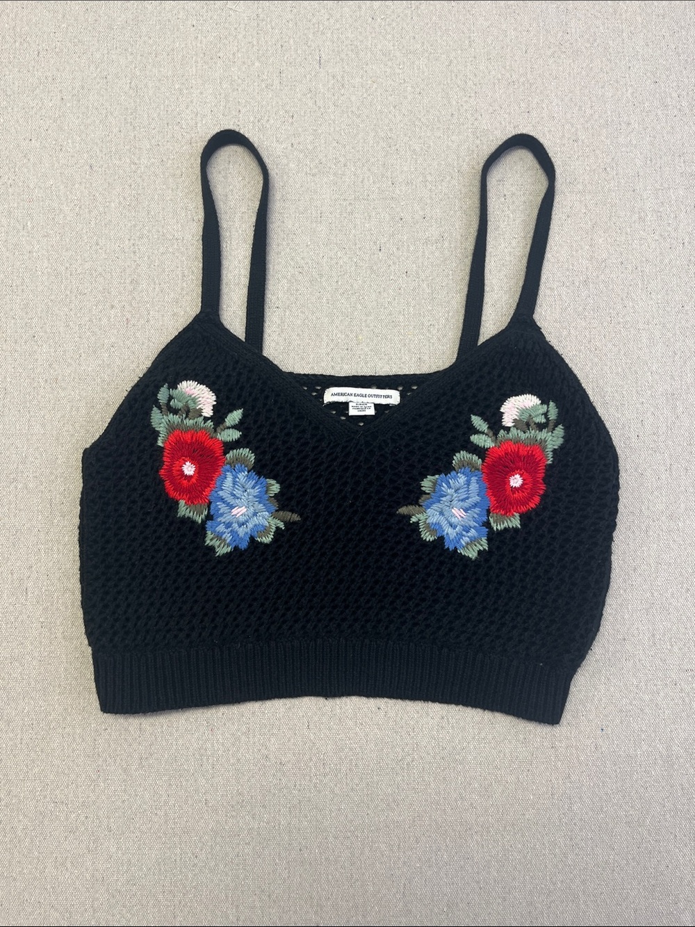 American Eagle Embroidered Crochet Knit Bralette Crop Top Black Size S